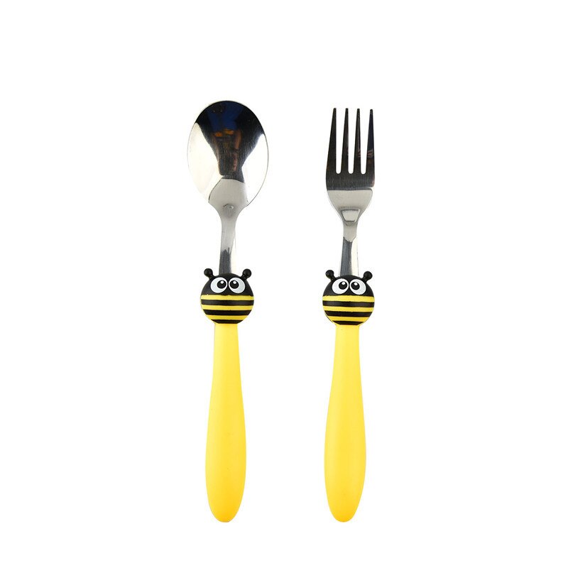 2 sztuk/zestaw kreskówka przenośne dzieci sztućce biedronka pszczoła zestawy obiadowe sztućce dla dzieci garnitur widelec ze stali nierdzewnej zestaw D: żółty