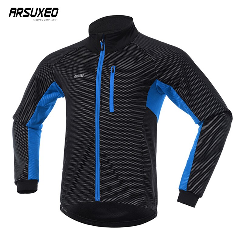 Arsuxeo winter warme fietsjas heren reflecterende fiets windjack mandarijn kraag winddicht mtb jas racefiets kleding: Blauw / S