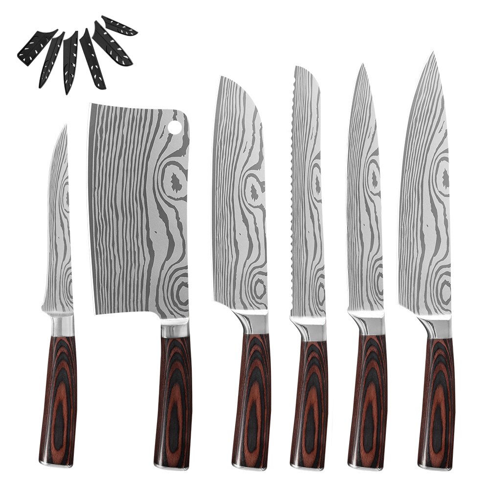 Sowoll køkken kokke knive sæt damaskus mønster klinge hakning santoku udbeningskniv kød fisk sushi madlavningsværktøj knivbetræk: E .6 stk sæt a