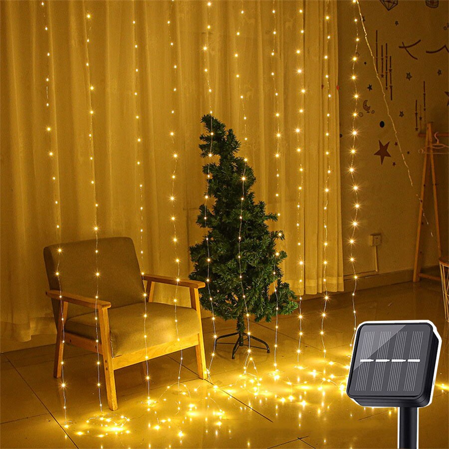 Rideau lumineux solaire pour chambre à coucher, fêtes de mariage, 300 LED, toile de fond pour fenêtre murale, guirlande de glaçons pour jardin, gazébo, décor de barbecue: Warm White / 3X2M 200LEDS