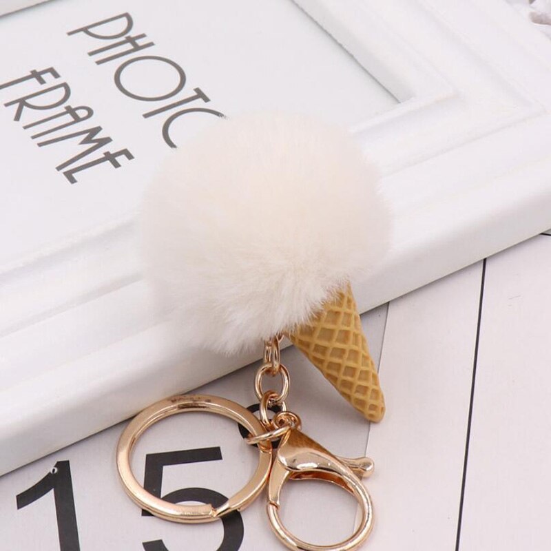 Cute ice cream Keychain Glitter Pompom Key Chain for Women Llaveros Mujer Car Bag Accessories Key Ring Wedding Souvenir: white