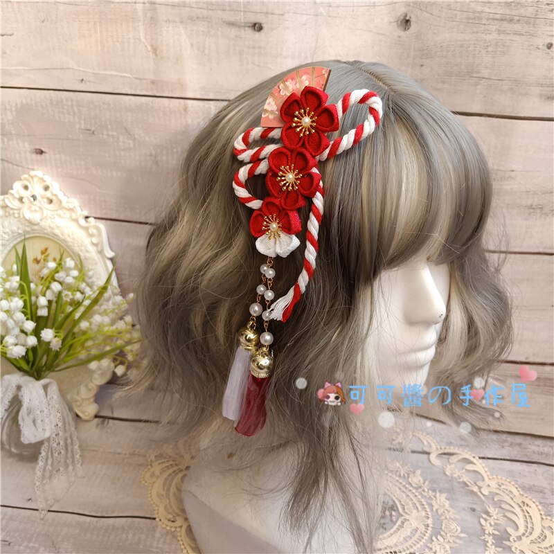 Pasadores Harajuku de estilo japonés para niña, Kimono, abanico de flor de cerezo, accesorios para el cabello, horquillas con Clip LATERAL con borlas suaves de Lolita: BLANCO