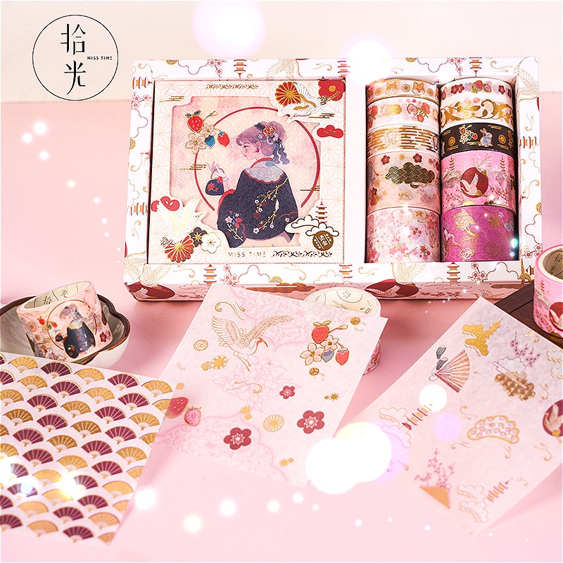 10Pcs Flora Washi Tape + 10 Vellen Stickers Sakura Serie Boxed Washi Tape Set Masking Tape Diy Materiaal Decoratieve leuke Briefpapier