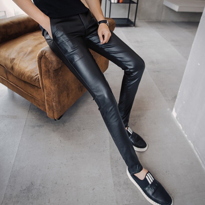 Pantalones de cuero pitillo góticos para hombre, pantalones pitillo elásticos ajustados con efecto Push Up, ropa de calle Punk, pantalones negros de: 34