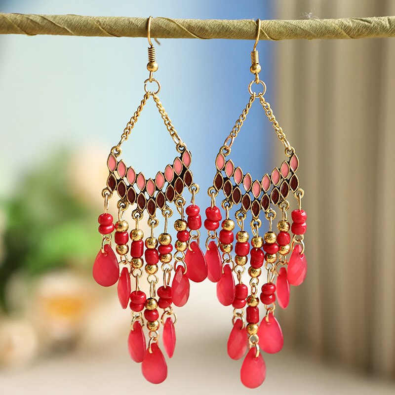 Bohemian Ethnic Flower Ladies Earrings for Women Boho Vintage Alloy Carved Beads Tassel Dangle Earrings Indian Jewelry
