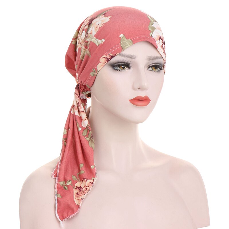 Tryck sjal för kvinnor muslimsträcka förbundet turban bandanas hår tillbehör huvud wrap cancer motorhuv mössa: Mörkrosa