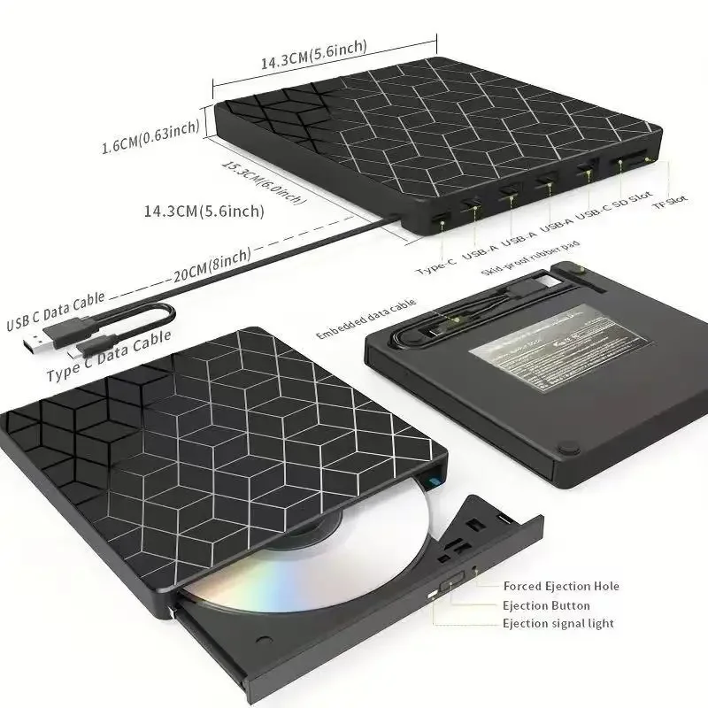 7 in 1 External DVD Drive USB 3.0 Type-C CD/DVD Burner Writer Reader Player Portable Optical Drive for Desktop Mac Windows Linux
