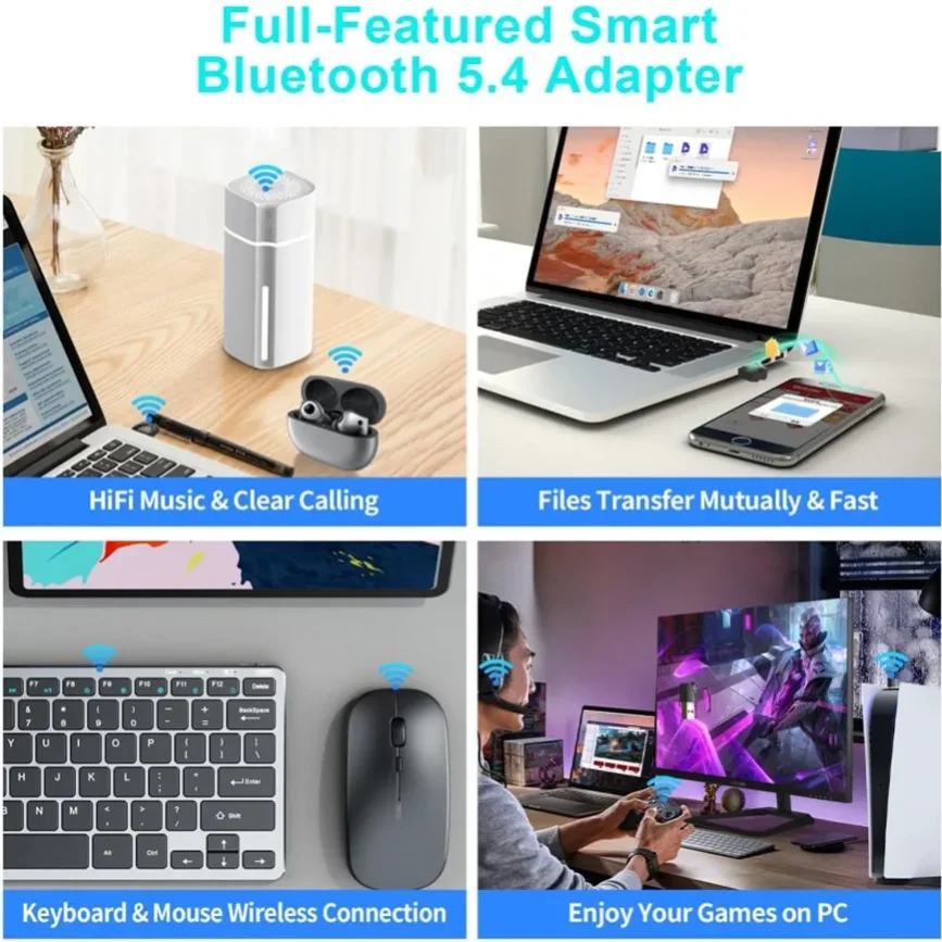 5.4 USB Bluetooth Adapter Wireless 5.3 5.0 Bluetooth Dongle Receiver for PC Laptop Win 11/10/8//7 Headset Speaker Keyboard Mouse