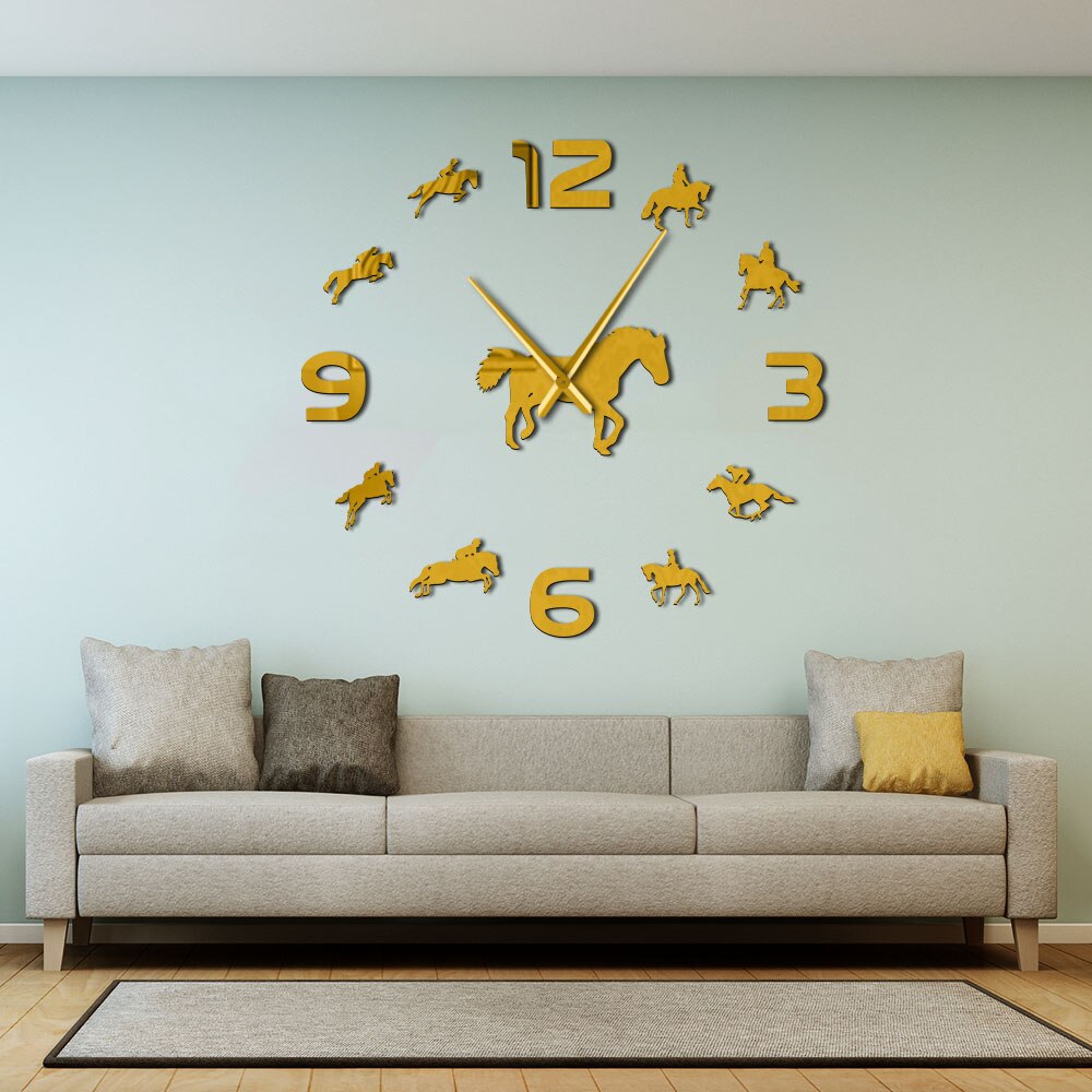 Reit Quarz Uhr Batterie Betrieben Selbst Klebe DIY 3D Wanduhr Reiten Große Nadeln Spiegel Effekt Hause Dekor