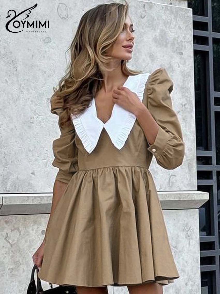 Oymimi Elegantes schwarzes Patchwork-Damenkleid, lässiges Peter-Pfanne-Kragen-Kleid mit drei Viertelärmeln, modische plissierte Minikleider