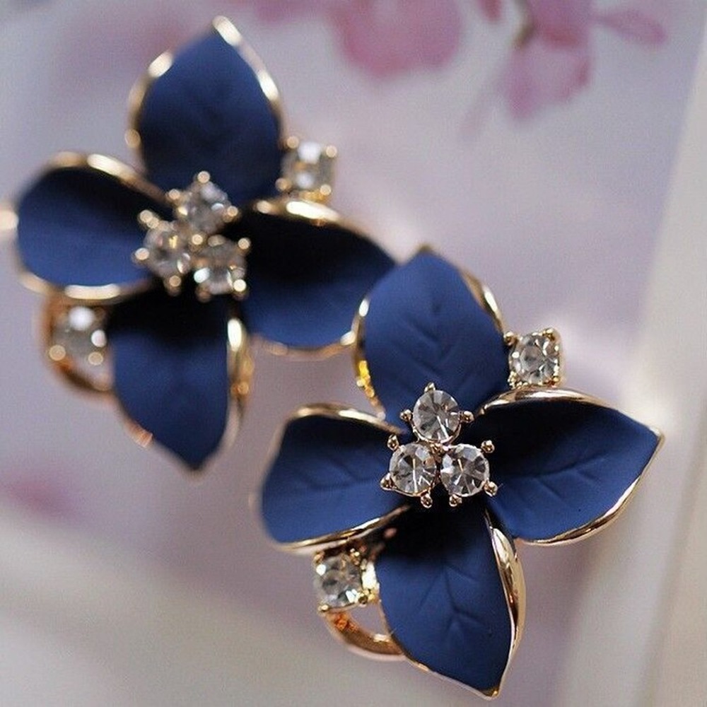 Elegante Adellijke Zinklegering Oorbellen Blauwe Bloem Crystal Camellia Oor Clip Dames Oorbellen Hanger Sieraden Kerstcadeau