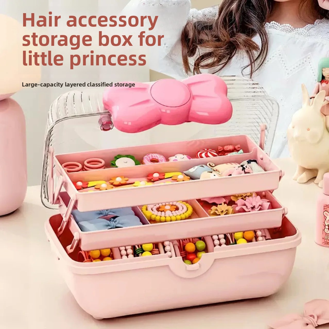 Large Capacity Hair Accessories Storage Box Transparent Cover Necklace Organizer Desktop Children's Hair Accessories Organizer