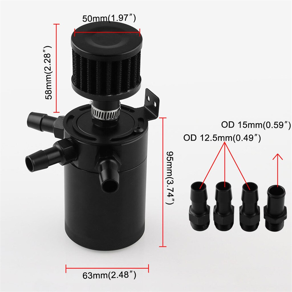 Car Engine Parts Universal 3-Port Compact Baffled Oil Catch Can Tank Air-Oil Separator Recovery Kit Black #G10