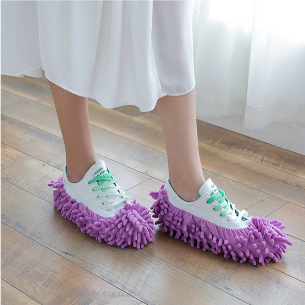 Multifunktions støv støvemop hjemmesko sko betræk vaskbar genanvendelig mikrofiber fodsokker gulvrengøringsværktøj skoovertræk: Lilla