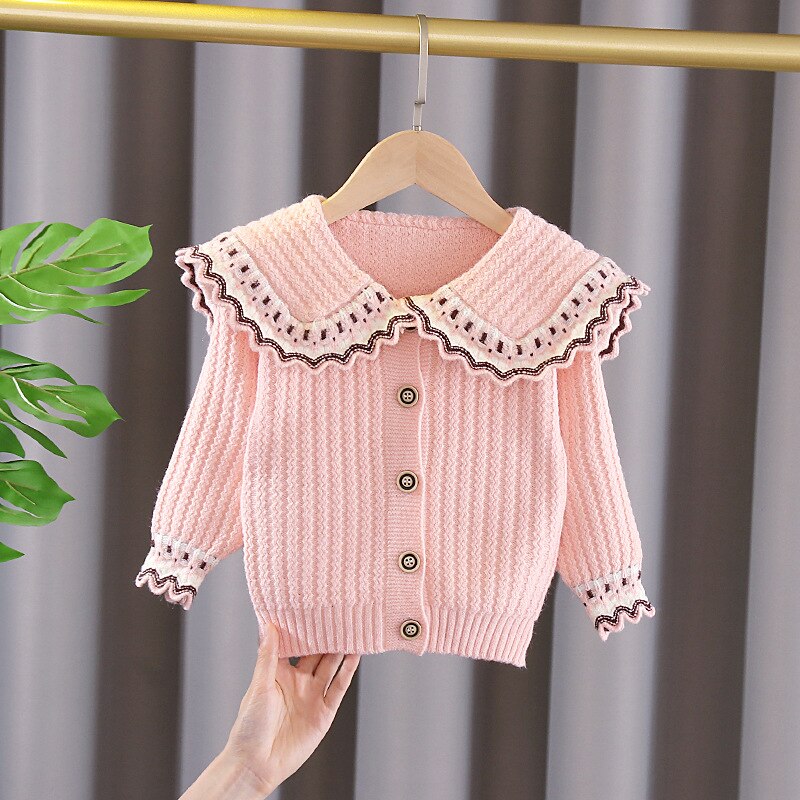 Autumn Winter Girls Knitting Cardigans Coat Kids Long Sleeve Peter Pan Collar Warm Sweater 3Color 0-5Y