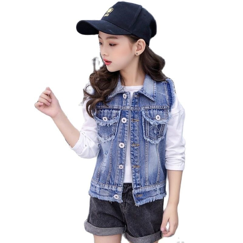 Chaleco Vaquero de algodón para niños de 3 a 12 años, chaqueta vaquera para niñas, prendas de vestir exteriores, ropa para adolescentes, Tops con cuello vuelto