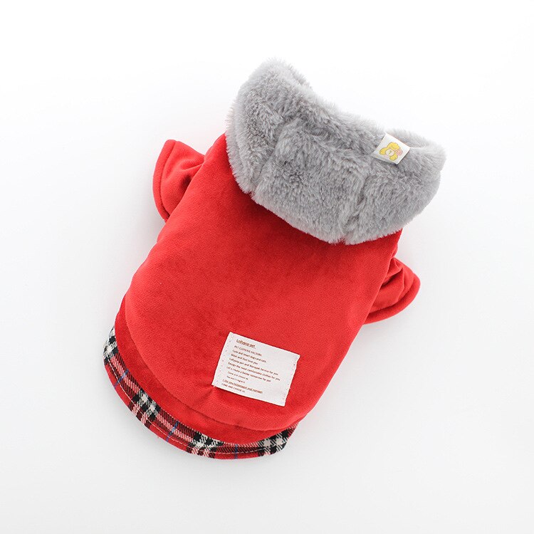 Ropa de perro de dos pies de color rojo y azul con sombrero otoño e invierno, gorro de terciopelo para cachorros, abrigos acolchados de algodón para Perros, peros Acesorios: Rojo / XL