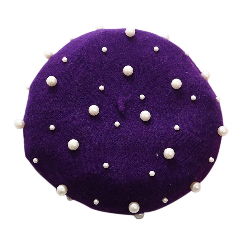 Beretă perlă pălărie pentru femei cașmir iarnă retro franceză iarnă negru roșu francez artist plat roșu galben șapcă vintage damă: Violet