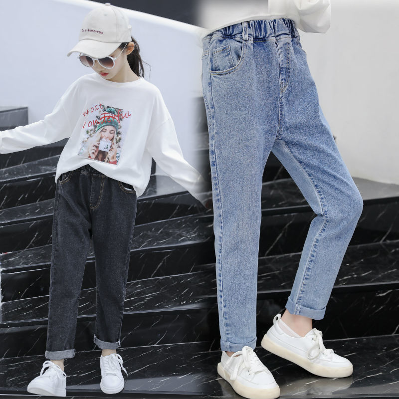 Vår höst barnkläder flickor jeans barn jeans byxor byxor resår i midjan bred casual tonåring jeans för tjej  w485