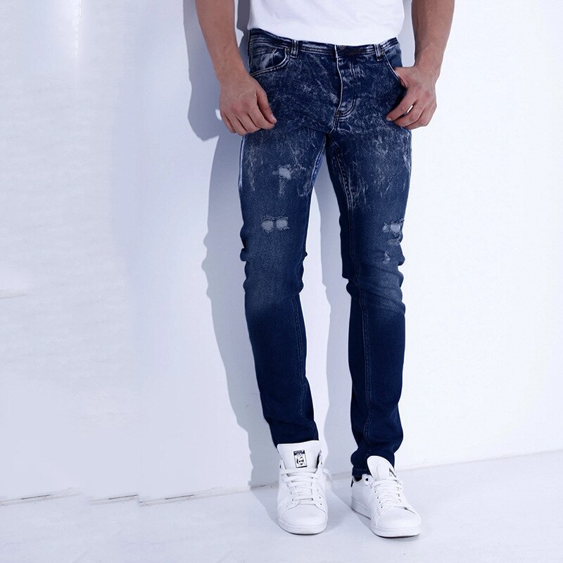 Nuevos y elegantes pantalones vaqueros entallados con estampado rasgado, sencillos y casuales, pantalones azules y negros para hombre