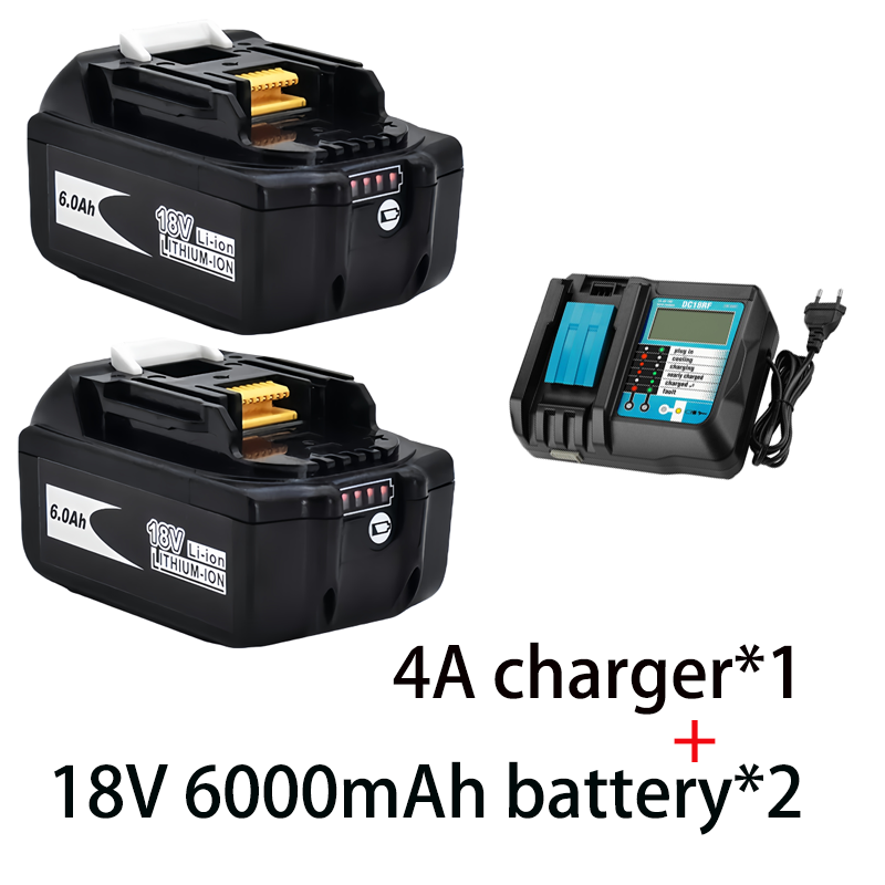 Do elektronarzędzi Makita 18V 6000mAh Akumulator z diodą LED Li-ion Zamiennik LXT BL1860B BL1860 BL1850 + 4A Ładowarka: BŁĘKITNA