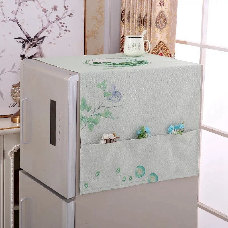 Retro bomuld linned køleskab arrangør enkelt dobbelt dør køleskab dæksel vaskemaskine støv dække køkken husholdningsartikler: Grønt rim