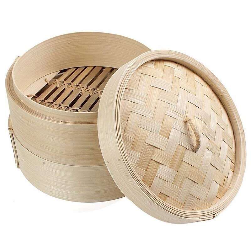 Bamboe Stoomboot 2 Tier 8 Inch Dim Sum Mand Rijst Pastakoker Set Met Deksel Door Stoom Mand Voor Groenten