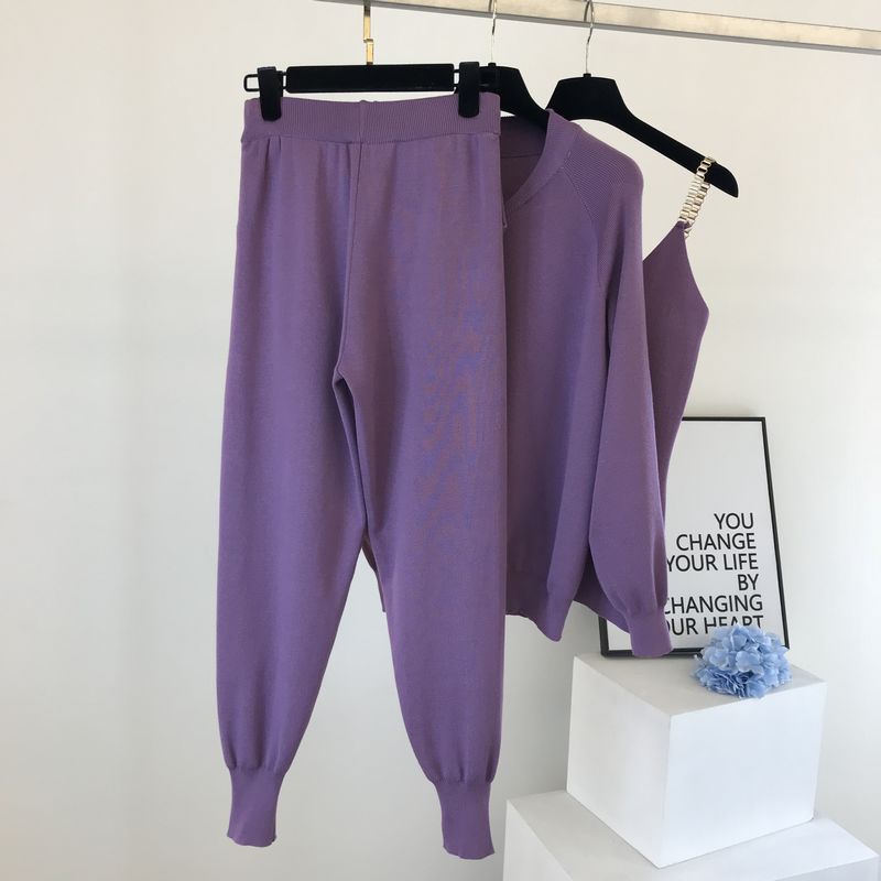 Fionto damespak herfst casual gebreide trui driedelige set productketen vest gebreid jasje + elastische broek