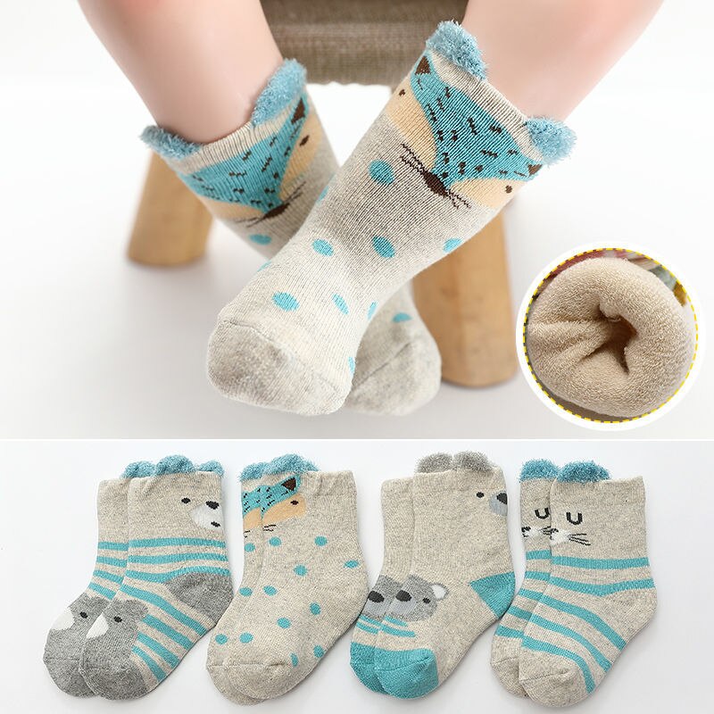 4 par/lot 0-24m baby värmestrumpor flicka pojke barn strumpa för vinter barn korta strumpor för unisex baby tecknad film: 3 / 1-3 ys(11-14cm fot)