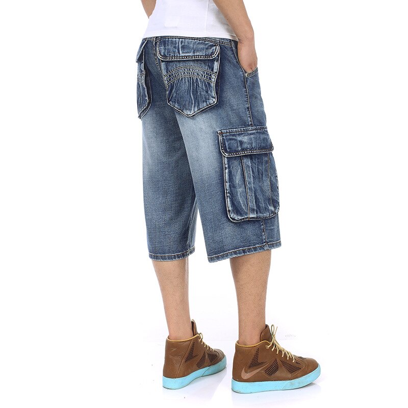 LOVZON-Vaqueros cortos holgados de talla grande para hombre, ropa de calle a la , pantalones Capri largos de Hip Hop, Bermudas de bolsillo, azul, 3/4