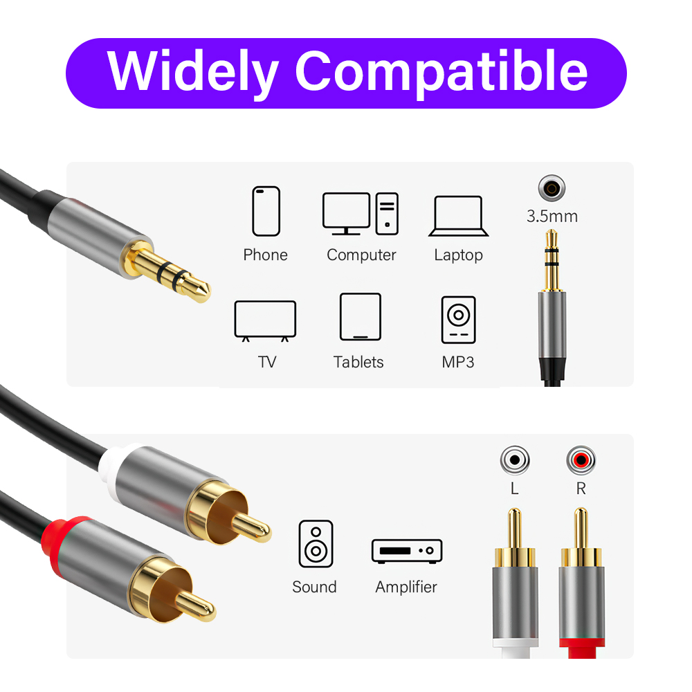 3.5 mm to 2 rca y-splitter 3.5mm adapterkabel for telefon, tv, høyttaler, pc, hifi, stereolyd, phono-plugg, lydkontakt