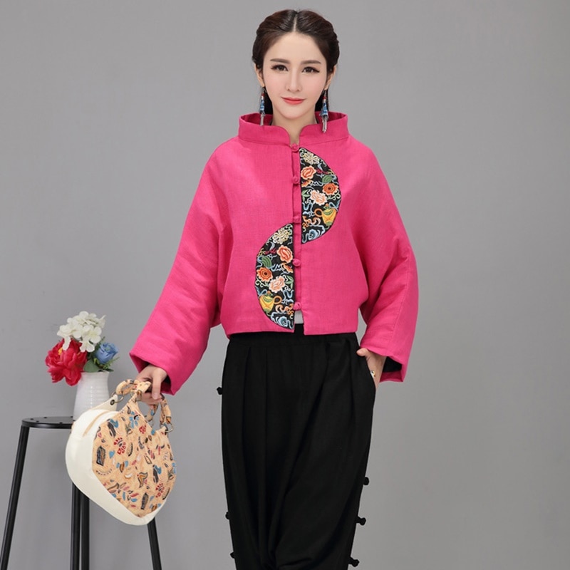 Ropa de estilo chino para mujeres, chaqueta Retro con bordado rojo, chaqueta femenina, blusa Ethinc, Tops chinos para mujeres FF2540