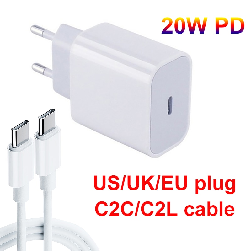 20W PD For Iphone 12 USB-C C2L Cable Power Adapter Charger UK/US/EU Plug Smart Phone Fast Charger for iPhone 12/X/8