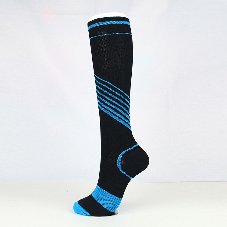 Jeseca unisex strømper kompresjon lang sox stripe trykk åreknuter strømpe kne støtte stretch trykk sirkulasjon: Blå / L  xl 22cm 38cm