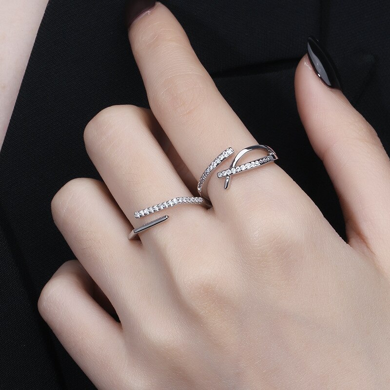 Minimalist Line Style Adjuestable Size 925 Silver Rings Set Charm Couple Engagement Wedding Bands Luxury Jewelry