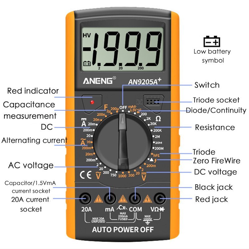 ANENG DT9205A Digital Multimeter AC / DC Transistor Tester NCV Test Meter Analog Auto Range Multimetro
