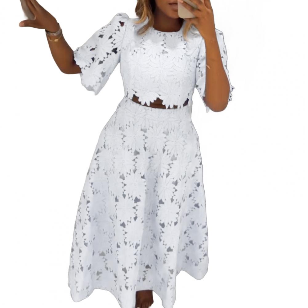 S 2 i fransk stil med o-hals, korte ermer, hul topp, halv bluse, avslappet dameskjørt, dress: Xxl / Hvit