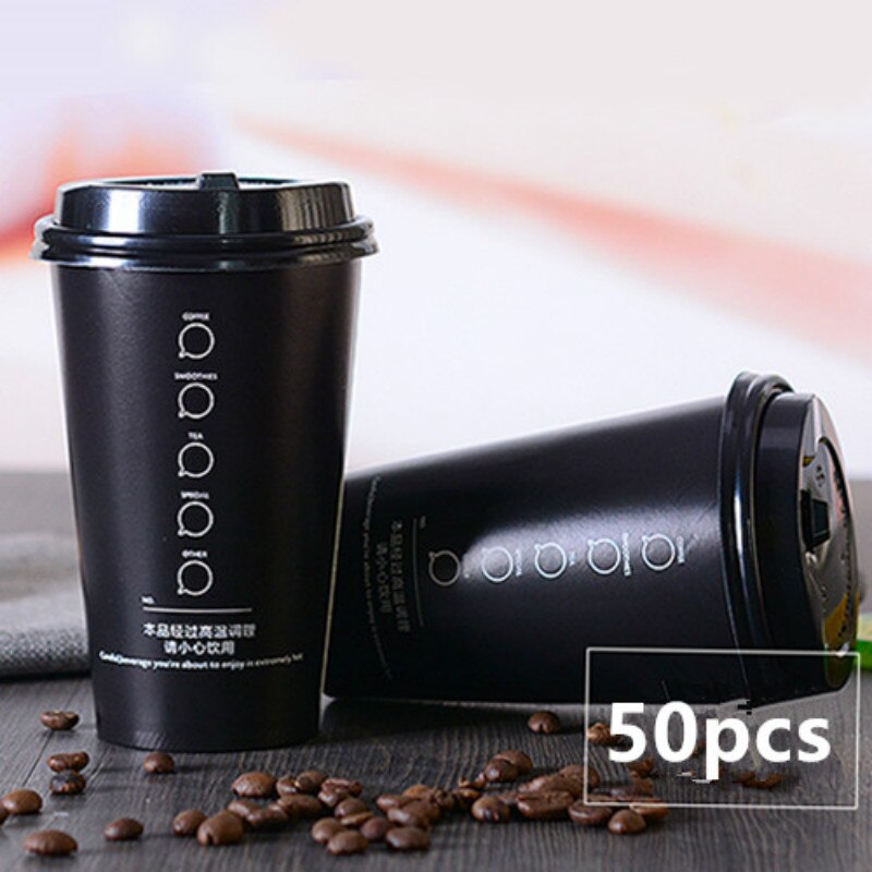 50pcs Thicken 400ml 500ml disposable tea cup black drink coffee paper cup takeaway packaging cups with lid