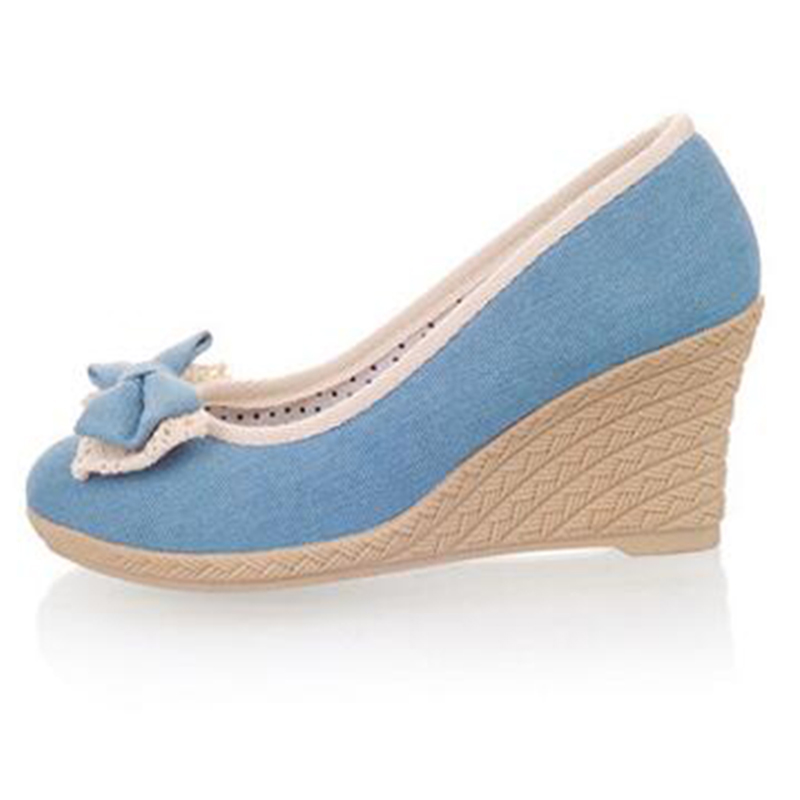 Covoyyar denim sød sløjfe kvinder pumps forår sommer wedges dame høje hæle rund tå casual lavvandede sko slip on whh 618