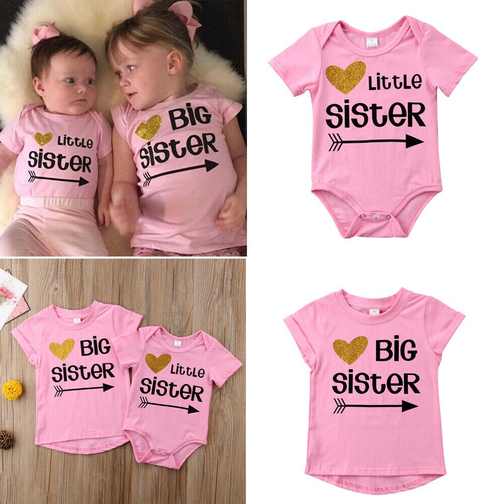 Familie matchende tøj storesøster t-shirt lillesøster romper kortærmet brevprint pink toppe outfits
