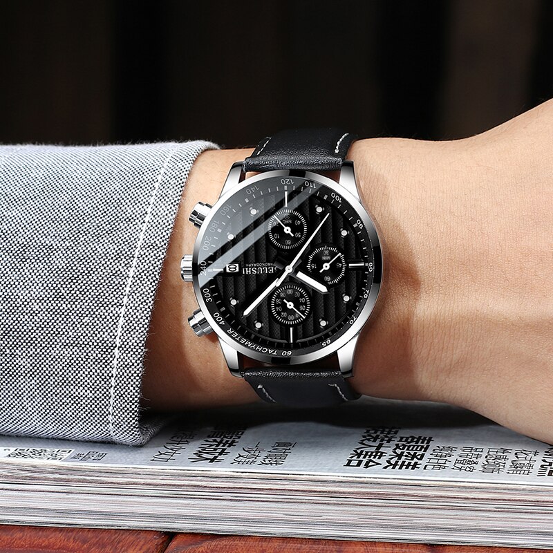 BELUSHI moda skórzane męskie zegarki chronograf sportowy zegarek kwarcowy mężczyźni biznes wodoodporny zegarek luminescencyjny Relogio Masculino