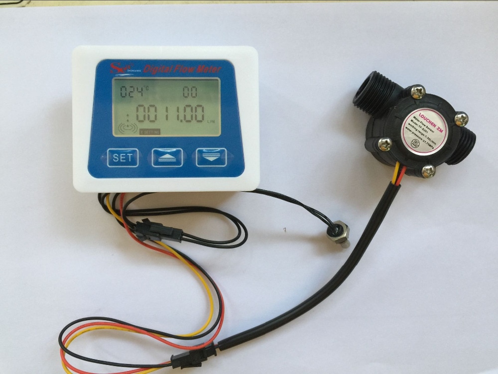 G1/2" plastic flow sensor +LCD display Digital meter temperature measuring flow senosr total Liter Gal