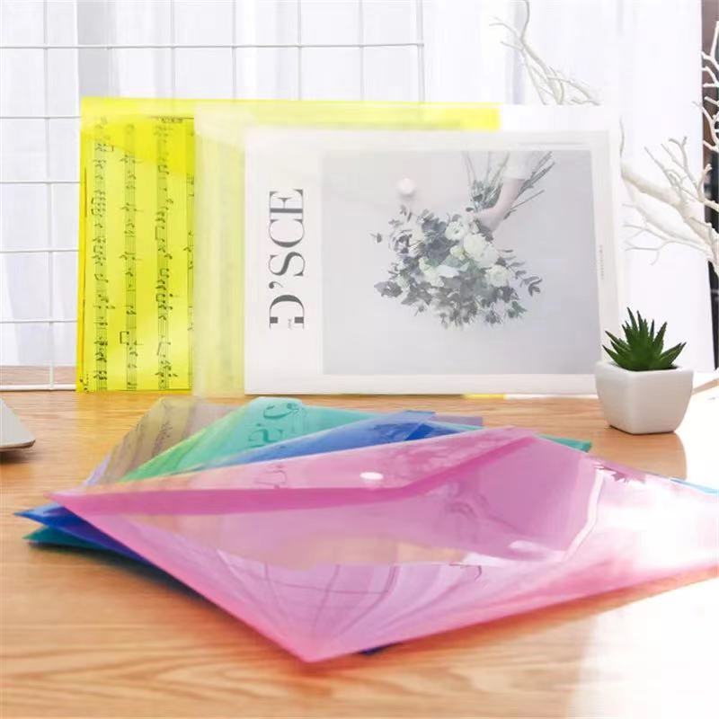6Pieces/Set Colourful A4 Size Plastic Envelope Transparent Button PP File Bag Test Paper File Bag