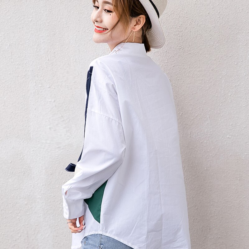 XITAO, camisa de mujer con lazo, ropa de mujer , blusa informal de estilo minoritario recta con cuello de retales y cuello vuelto de un solo pecho GCC1402