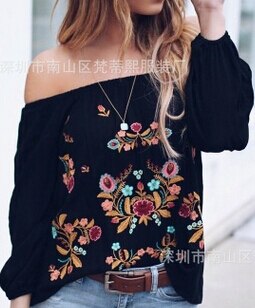US Plus Size Women Casual T-shirt Flower Top Long Sleeve Off Shoulder Tee Blouse: XXXL / A