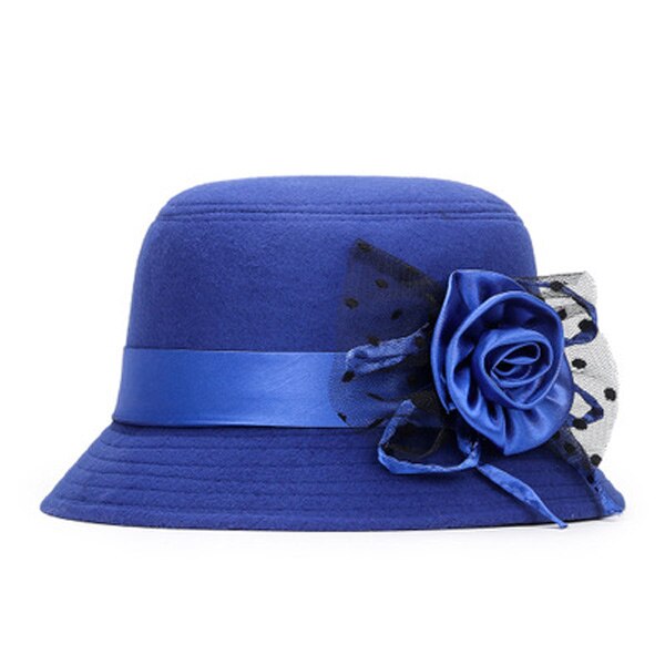 Zuivere koepelvormige wollen dames fedora dames lente winter hoeden voor vrouwen fedora's bloemen effen wol dame gorras brede rand meisjes fedora's: Blauw