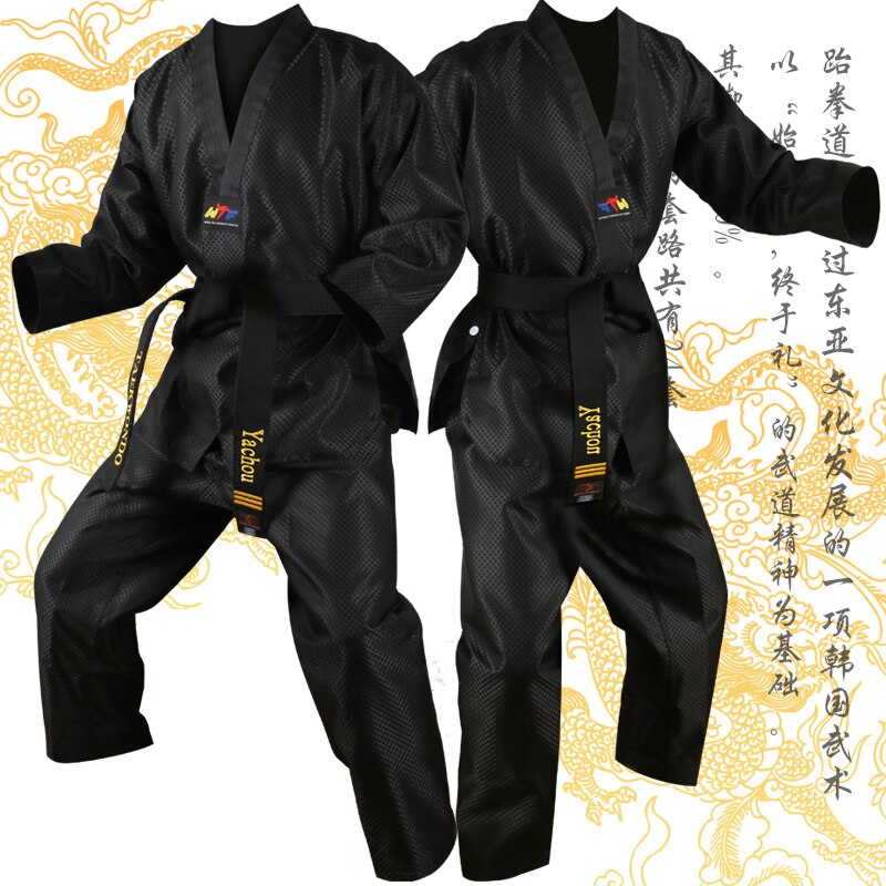 Gingpai Zwart Volwassen Universele Kid Kitaekwondo Karate Uniform Training Prestaties Dobok Tkd Kleding Jas Taekwondo Riem Pak Set