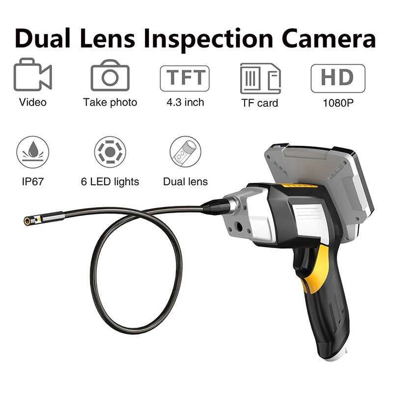 Endoscopio portátil de doble lente, cámara de inspección con pantalla de 4,3 pulgadas, 6 LED, 8mm, endoscopia Digital Industrial con tarjeta TF de 32GB