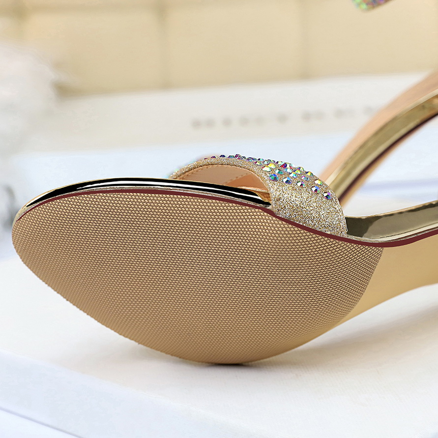 Sandalias de verano para mujer, tacones altos de 8,5 cm, tacones medios de cristal con diamantes de imitación, sandalias con tiras en el tobillo, zapatos dorados para y evento de boda