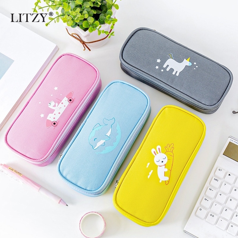 Kawaii unicorn pennfodral djur kanin delfin pennfodral för pojkar flicka stor kapacitet canvas pennlåda brevpapper skolmaterial